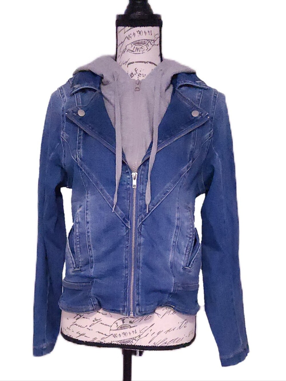 Risen Women's Denim Moto Jacket With Hoodie Front Attached - Size Medium EUC